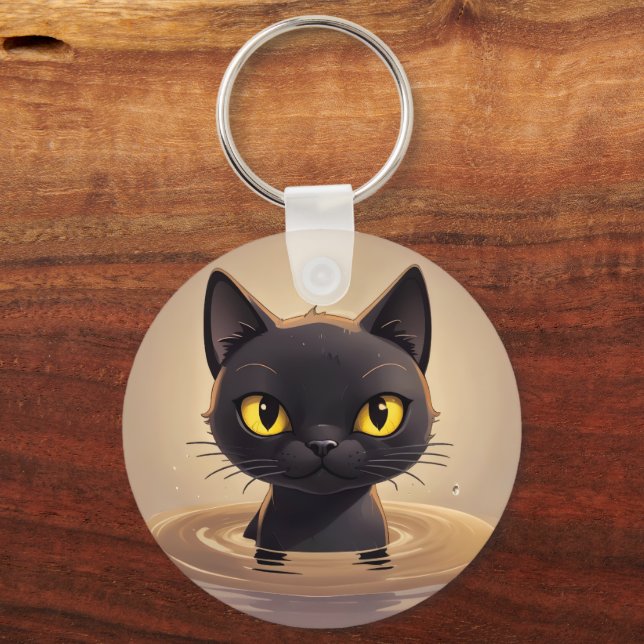 Cute Black Cat Swimming Decorative Art Keychain (Back)