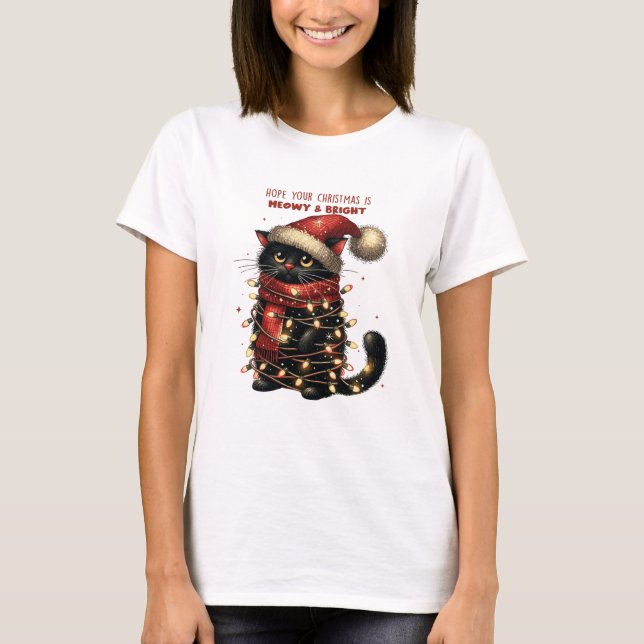 Cute Black Cat Tangled in Christmas Lights  T-Shirt (Front)