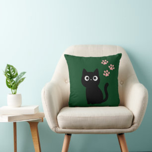 Cute Black Cat Throw Pillow Dark Green Kawaii De
