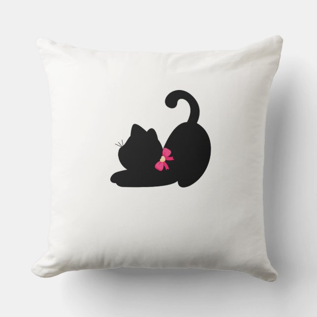 Cute Black Cat Throw Pillow | Elegant Pink Bow Tie (Front)