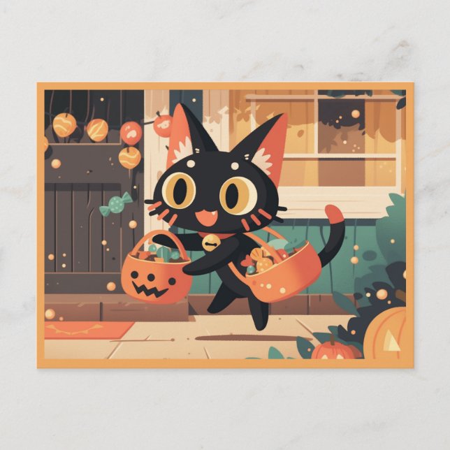 Cute Black Cat Trick or Treat Halloween Postcard (Front)