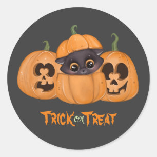 Cute black cat Trick or treat pumpkins Halloween Classic Round Sticker