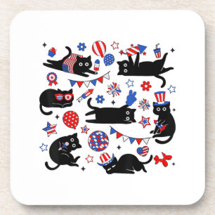 Cute Black Cat USA Flag Firework Patriotic 4th of Coaster