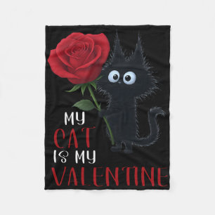 Cute Black Cat Valentine's Day Rose Fleece Blanket