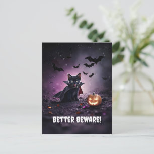 Cute Black Cat Vampire Halloween Holiday Postcard