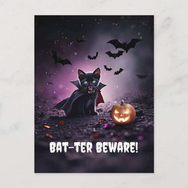 Cute Black Cat Vampire Halloween Holiday Postcard (Front)