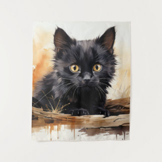 Cute Black Cat Watercolor Art Tapestry