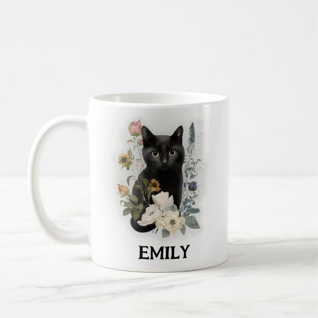 Cute Black Cat Watercolor Flowers Name Coffee Mug (Left)