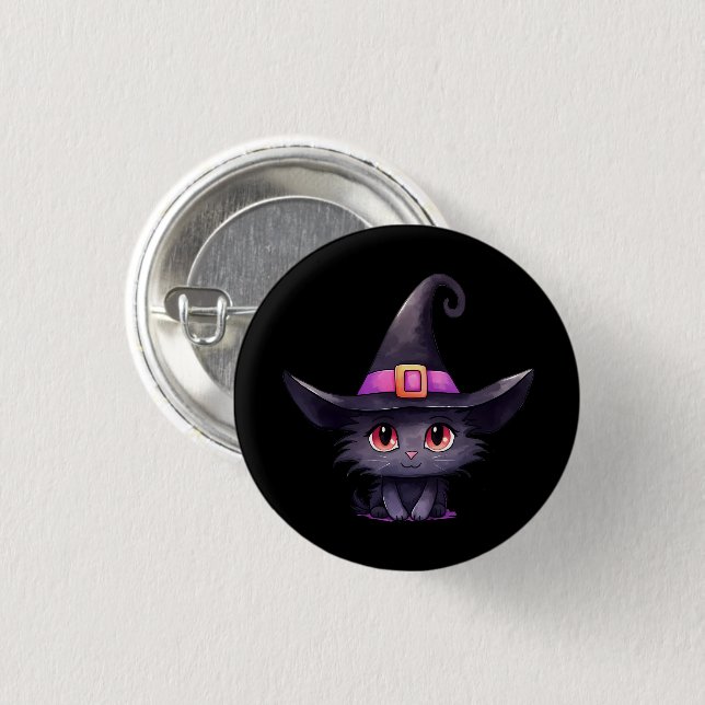 Cute Black Cat Wearing a Witch's Hat 1 Inch Round Button (Front & Back)