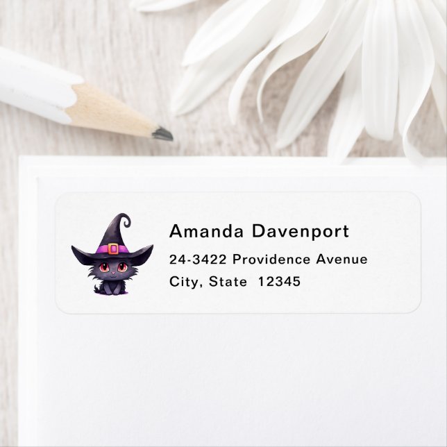 Cute Black Cat Wearing a Witch's Hat Address (Insitu)