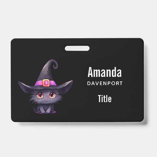 Cute Black Cat Wearing a Witch's Hat Badge (Front)