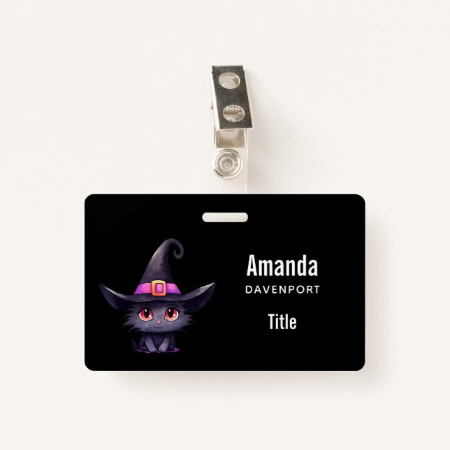Cute Black Cat Wearing a Witch's Hat Badge (Front with Clip)