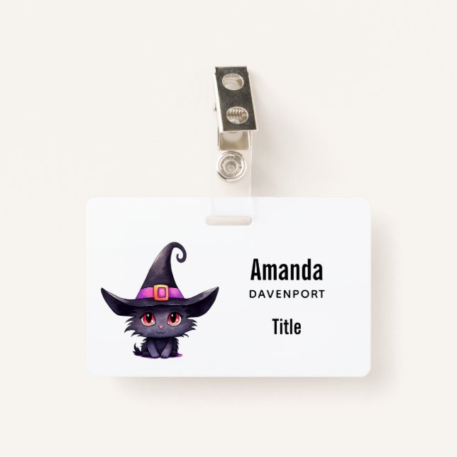 Cute Black Cat Wearing a Witch's Hat Badge (Front with Clip)