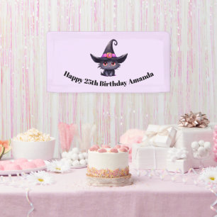 Cute Black Cat Wearing a Witch's Hat Birthday Banner