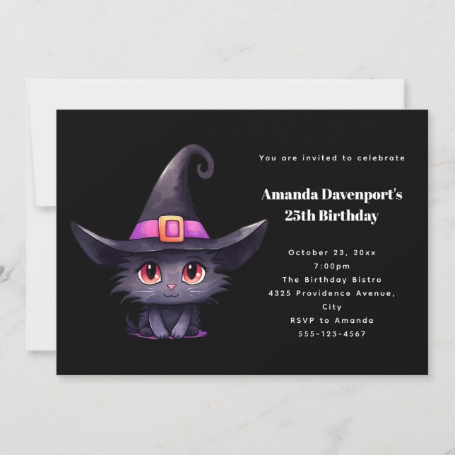 Cute Black Cat Wearing a Witch's Hat Birthday Invitation (Front)
