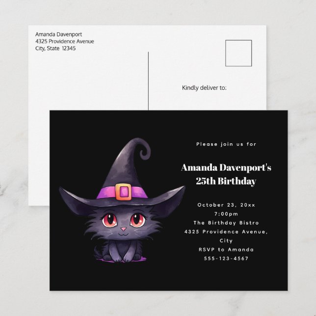 Cute Black Cat Wearing a Witch's Hat Birthday Invitation Postcard (Front/Back)