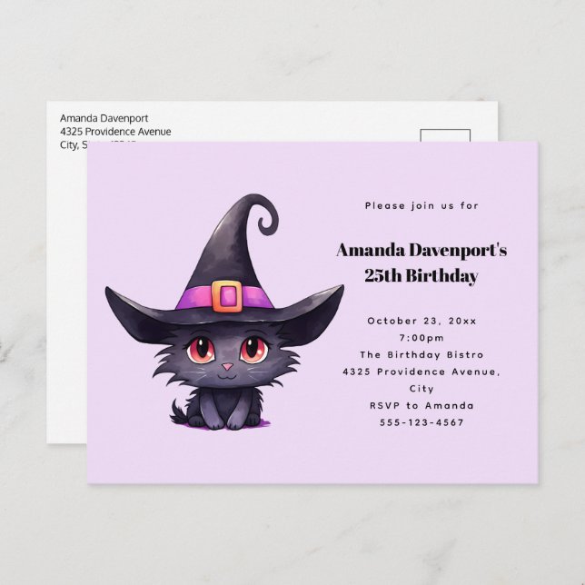 Cute Black Cat Wearing a Witch's Hat Birthday Invitation Postcard (Front/Back)