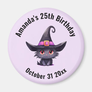 Cute Black Cat Wearing a Witch's Hat Birthday Magnet