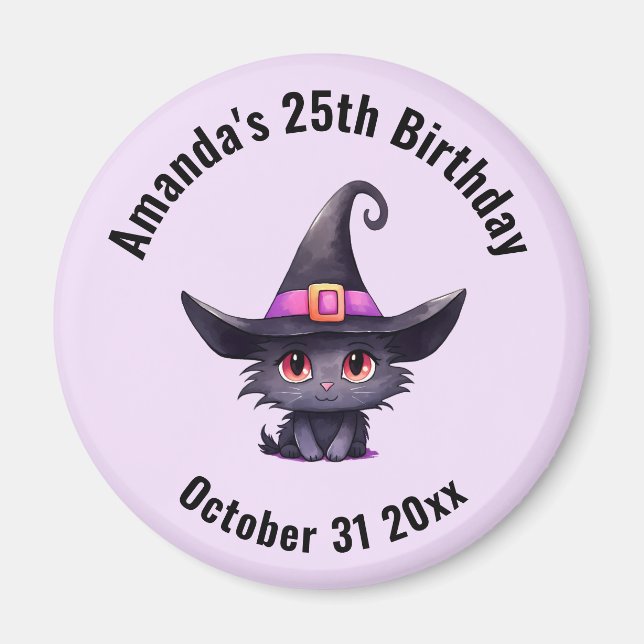 Cute Black Cat Wearing a Witch's Hat Birthday Magnet (Front)