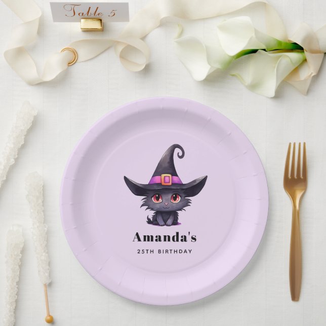Cute Black Cat Wearing a Witch's Hat Birthday Paper Plate (Wedding)