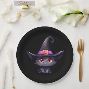 Cute Black Cat Wearing a Witch's Hat Birthday Paper Plate