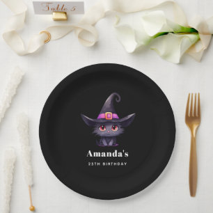 Cute Black Cat Wearing a Witch's Hat Birthday Paper Plate