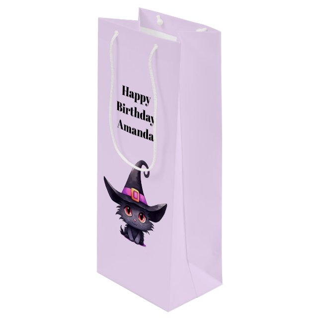 Cute Black Cat Wearing a Witch's Hat Birthday Wine Gift Bag (Front Angled)