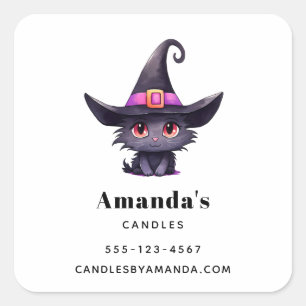 Cute Black Cat Wearing a Witch's Hat Business Square Sticker