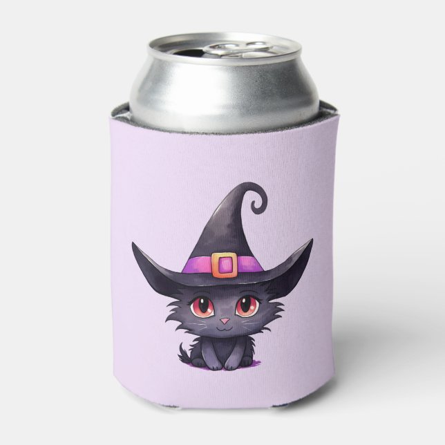 Cute Black Cat Wearing a Witch's Hat Can Cooler (Can Front)