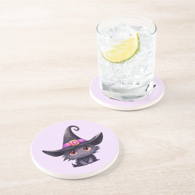 Cute Black Cat Wearing a Witch's Hat Coaster (Side)