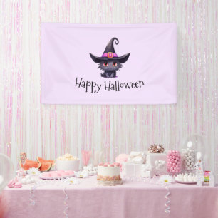 Cute Black Cat Wearing a Witch's Hat Halloween Banner