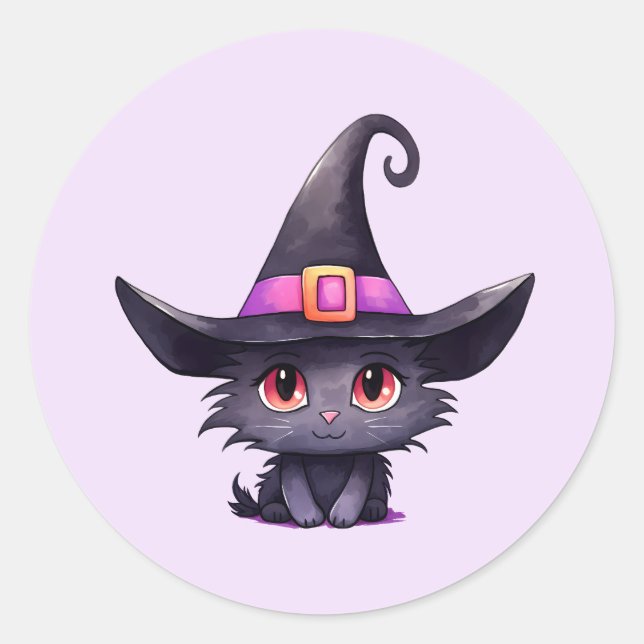 Cute Black Cat Wearing a Witch's Hat Halloween Classic Round Sticker (Front)