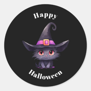 Cute Black Cat Wearing a Witch's Hat Halloween Classic Round Sticker