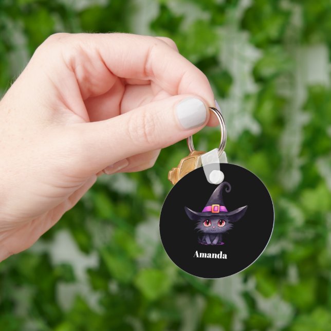 Cute Black Cat Wearing a Witch's Hat Keychain (Hand)