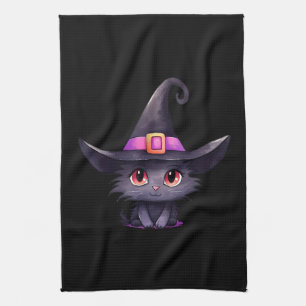 Cute Black Cat Wearing a Witch's Hat Kitchen Towel