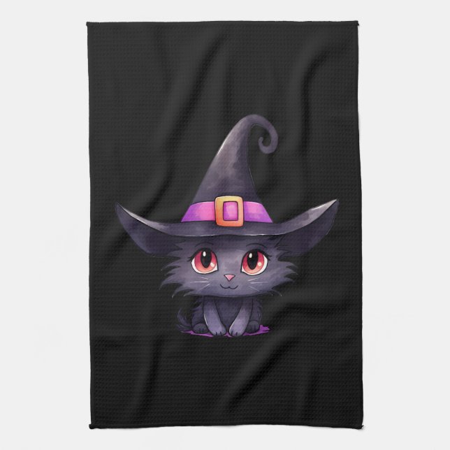 Cute Black Cat Wearing a Witch's Hat Kitchen Towel (Vertical)