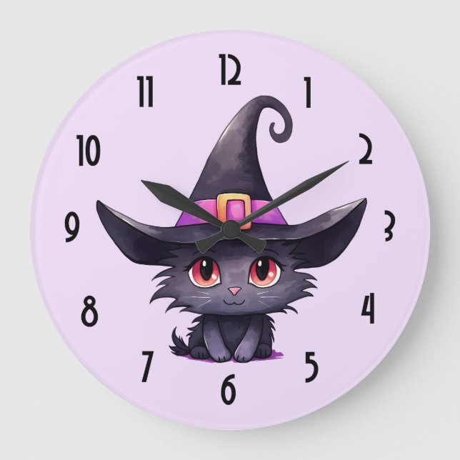 Cute Black Cat Wearing a Witch's Hat Large Clock (Front)