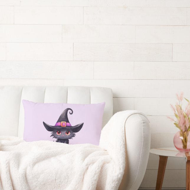 Cute Black Cat Wearing a Witch's Hat Lumbar Pillow (Couch)