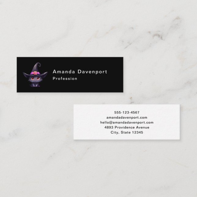 Cute Black Cat Wearing a Witch's Hat Mini Business Card (Front/Back)