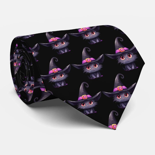 Cute Black Cat Wearing a Witch's Hat Pattern Tie (Rolled)