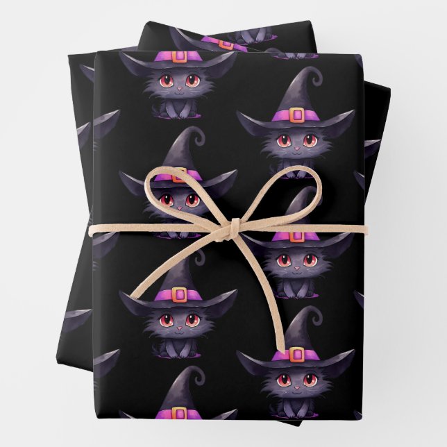 Cute Black Cat Wearing a Witch's Hat Pattern Wrapping Paper Sheet (In situ)