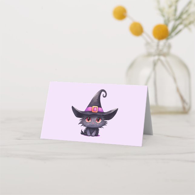 Cute Black Cat Wearing a Witch's Hat Place Card (Front)