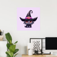 Cute Black Cat Wearing a Witch's Hat