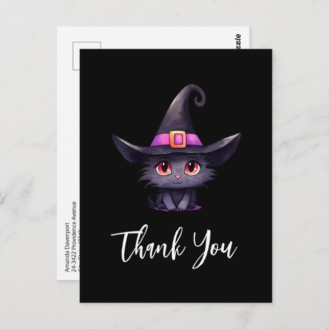 Cute Black Cat Wearing a Witch's Hat Thank You Postcard (Front/Back)