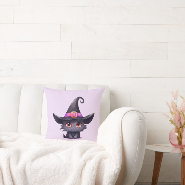 Cute Black Cat Wearing a Witch's Hat Throw Pillow (Couch)