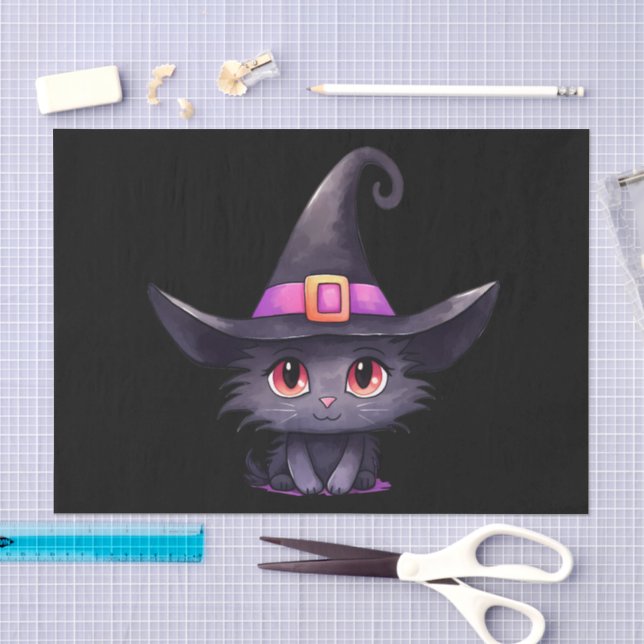 Cute Black Cat Wearing a Witch's Hat Tissue Paper (Craft)