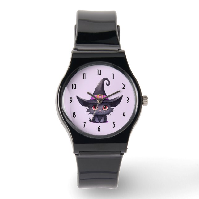 Cute Black Cat Wearing a Witch's Hat Watch (Front)