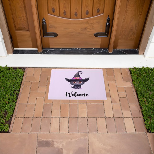 Cute Black Cat Wearing a Witch's Hat Welcome Doormat (Outdoor)