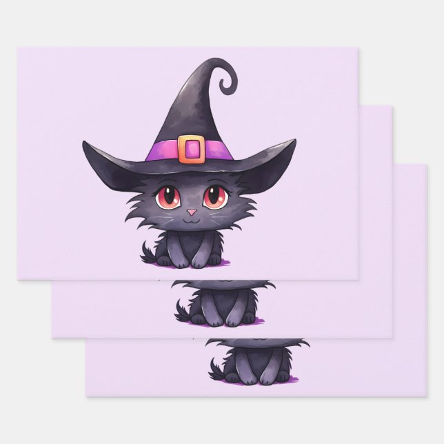 Cute Black Cat Wearing a Witch's Hat Wrapping Paper Sheet (Set)
