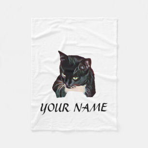 Cute Black Cat White Personalized Fleece Blanket